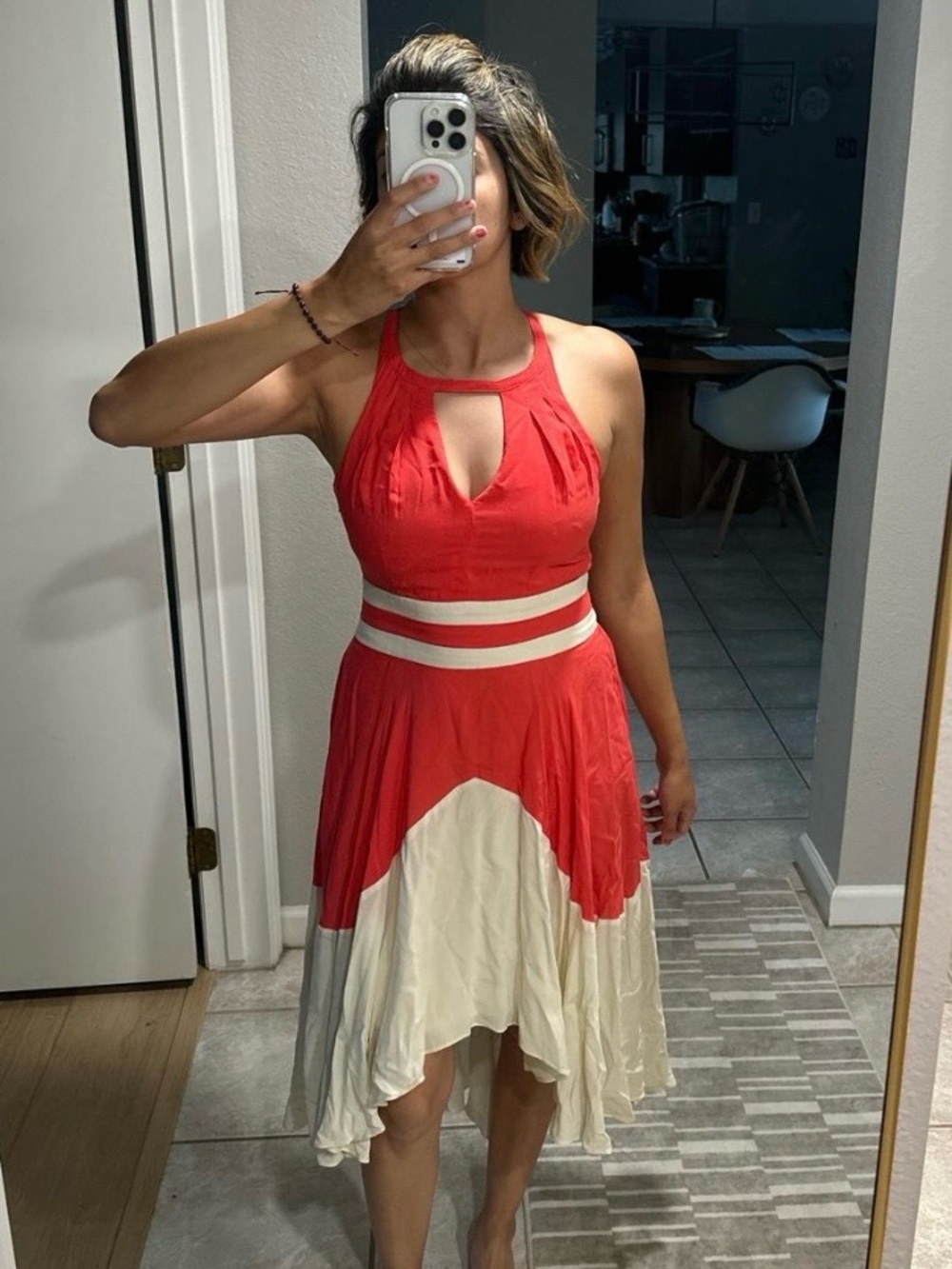 Modcloth Red and Cream Halter High-Low Fit-and-Flare Dress